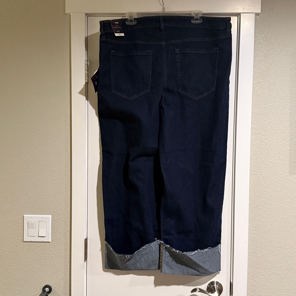 Dark Blue Straight Wide-Leg Jeans with Frayed Hem - Picture 3 of 9